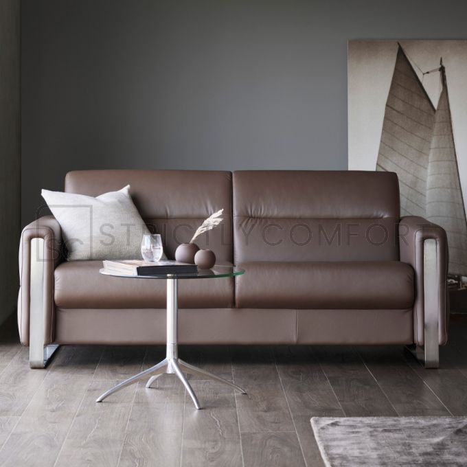 Stressless Fiona Sofa in Paloma Chestnut Leather featuring Polished Metal finish on the arms